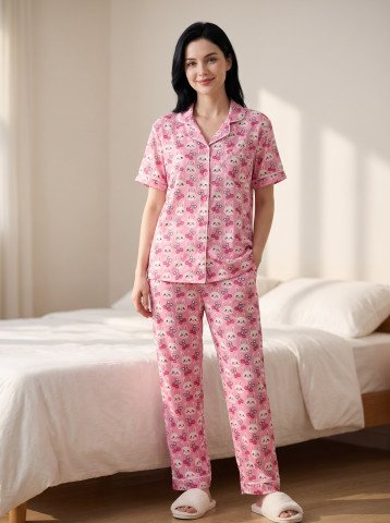 Women’s 100% Cotton Pink Bunny Print Night Suit Set