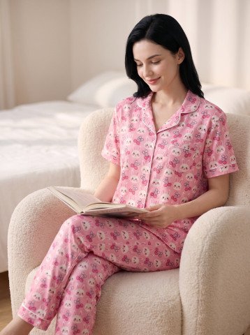 Women’s 100% Cotton Pink Bunny Print Night Suit Set